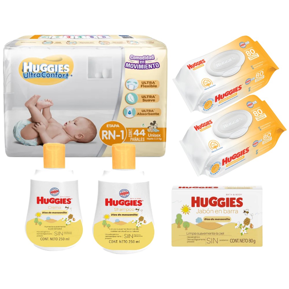 Huggies Combo 44 Pañales, 160 Toallitas, Shampoo, Crema Recien Nacido, Jabon Manzanilla, 6 Piezas