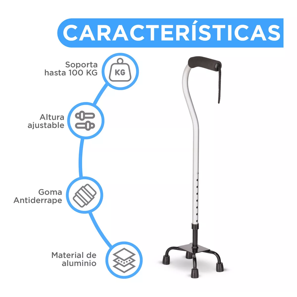 Baston Para Caminar De 4 Apoyos Ortopedico Cuello De Ganzo Plateado