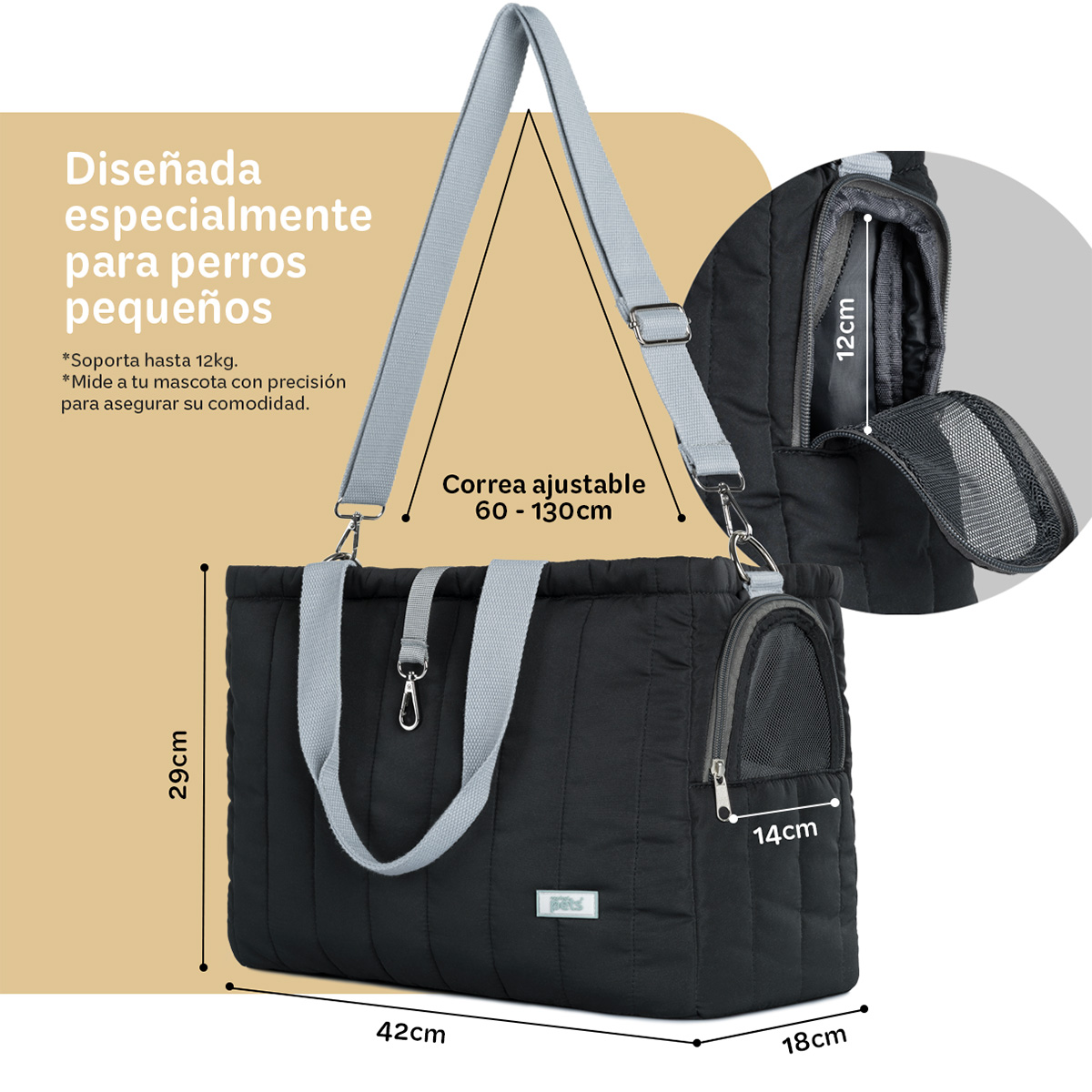 Bolsa transportadora para Perro o Mascota Pequeña, Mochila de Viaje 42x18x29cms- Negro ESQUIMAL