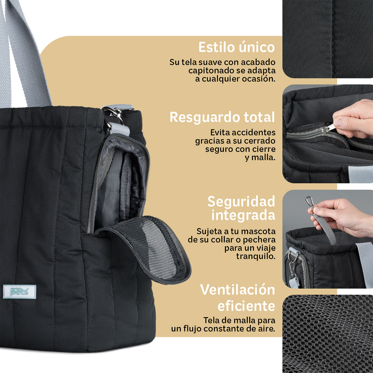 Bolsa transportadora para Perro o Mascota Pequeña, Mochila de Viaje 42x18x29cms- Negro ESQUIMAL