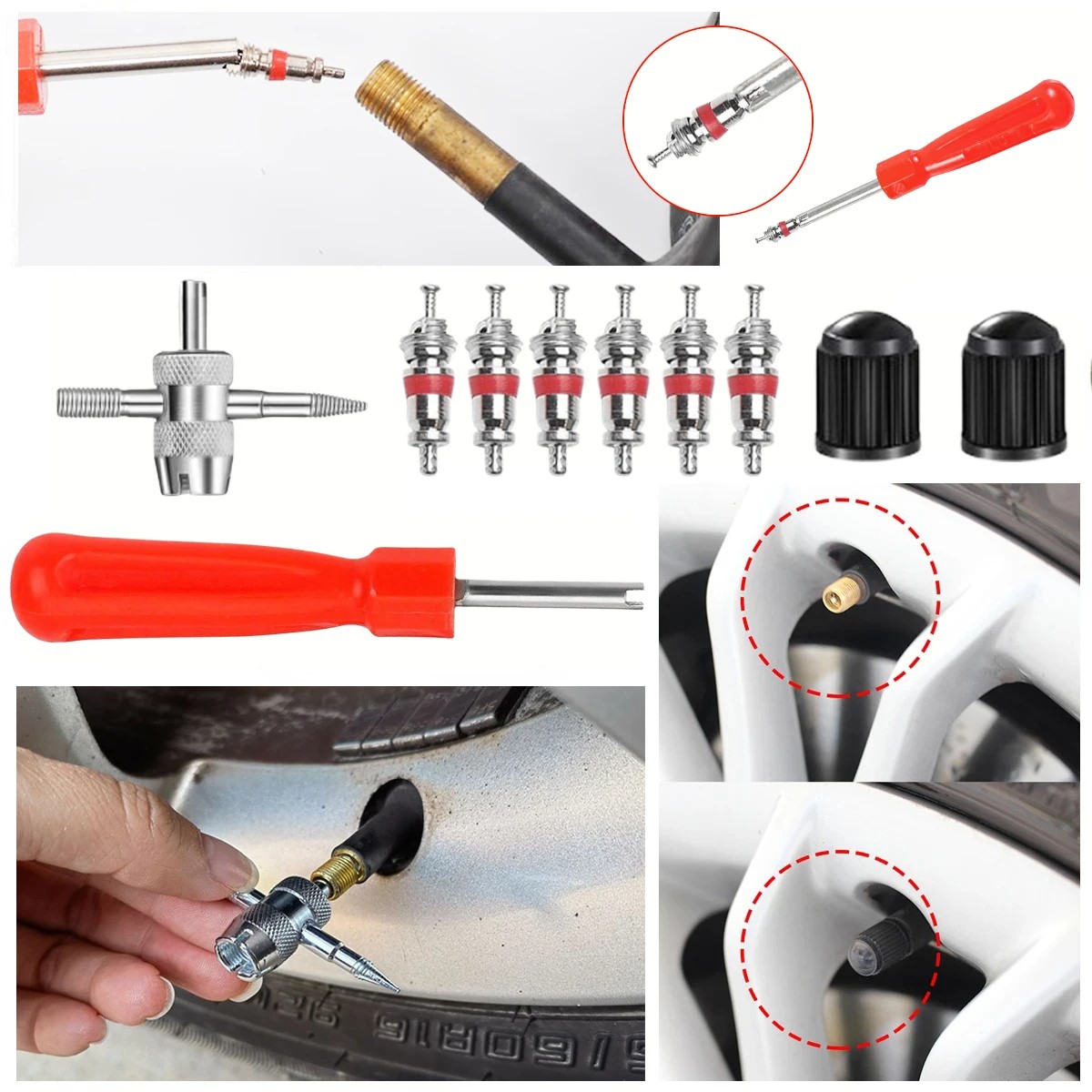 kit juego válvula neumático bicicleta coche camara núcleo herramientas reparación accesorios moto
