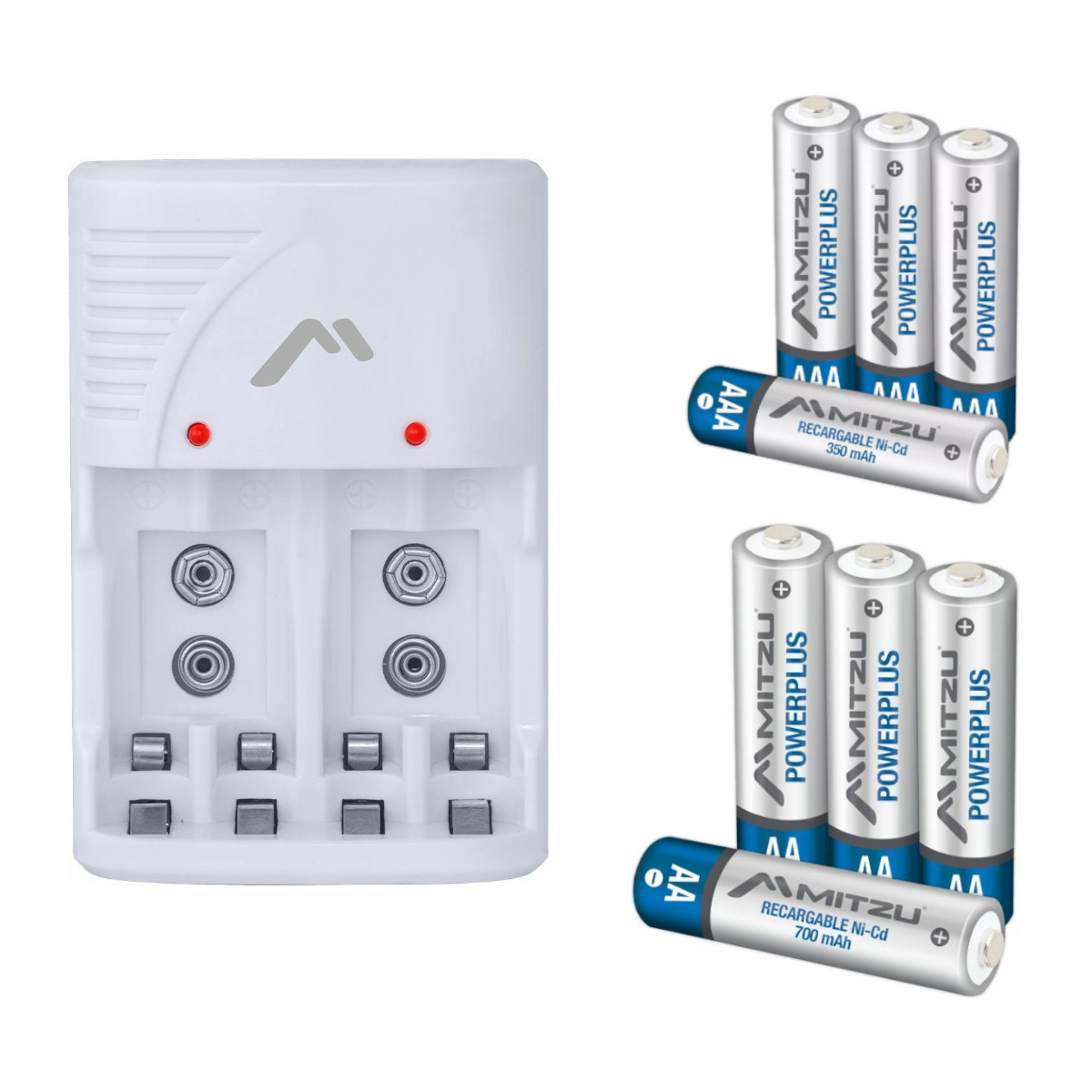 Cargador MITZU MC-210 con baterías recargables 4 AA + 4 AAA