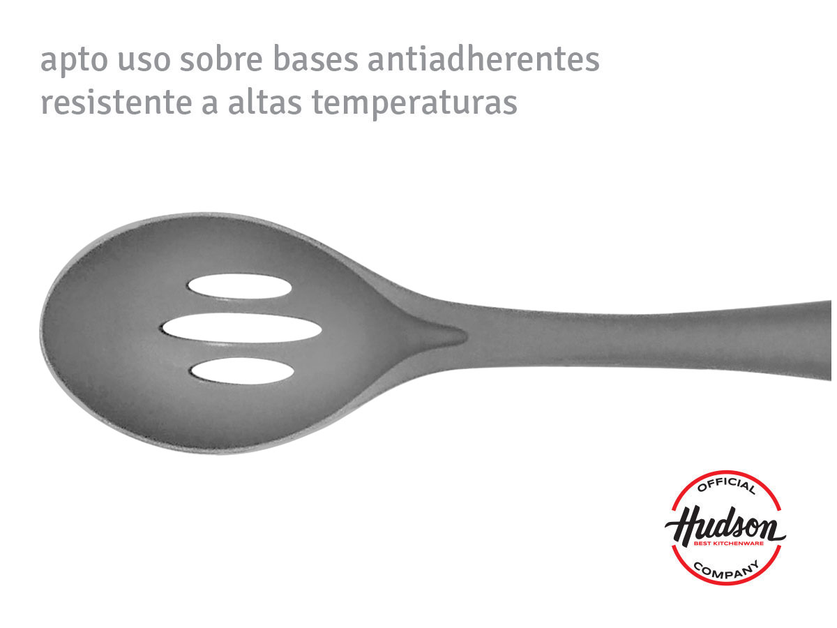 Cuchara calada de nylon color gris con mango acero inoxidable