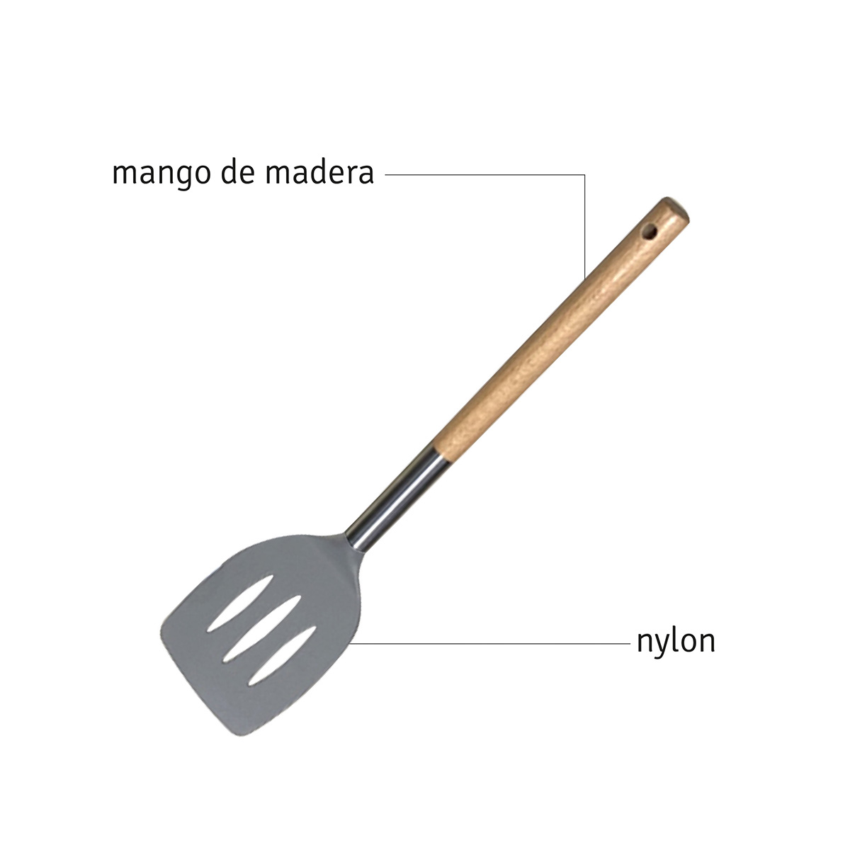Espatula calada de nylon color gris c/mango de madera
