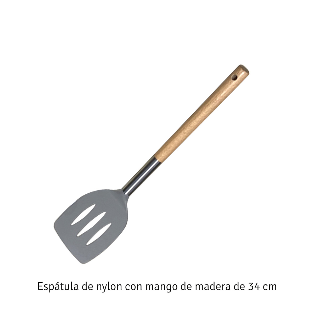 Espatula calada de nylon color gris c/mango de madera