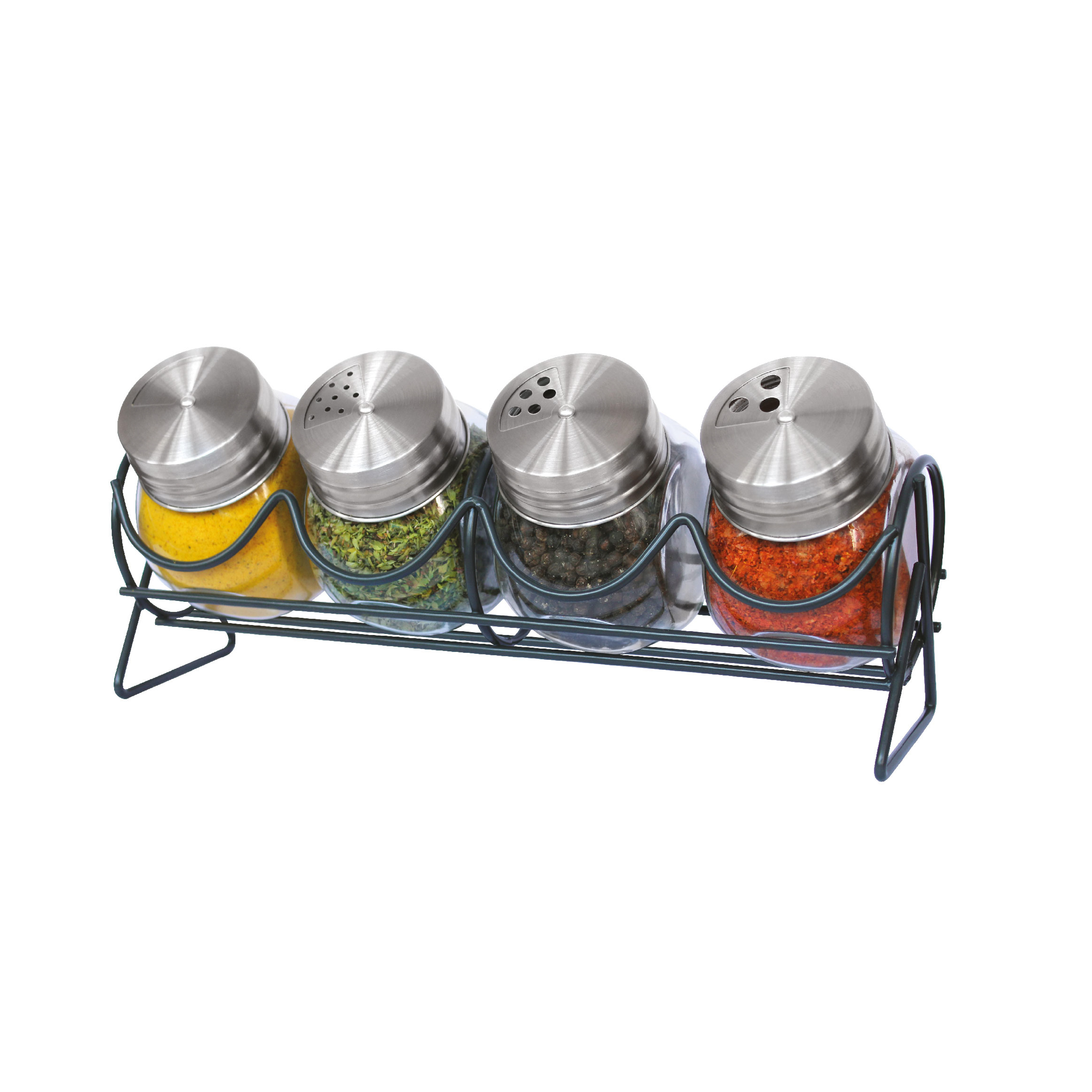 Set especieros de vidrio c/tapa acero inox 5 pzs