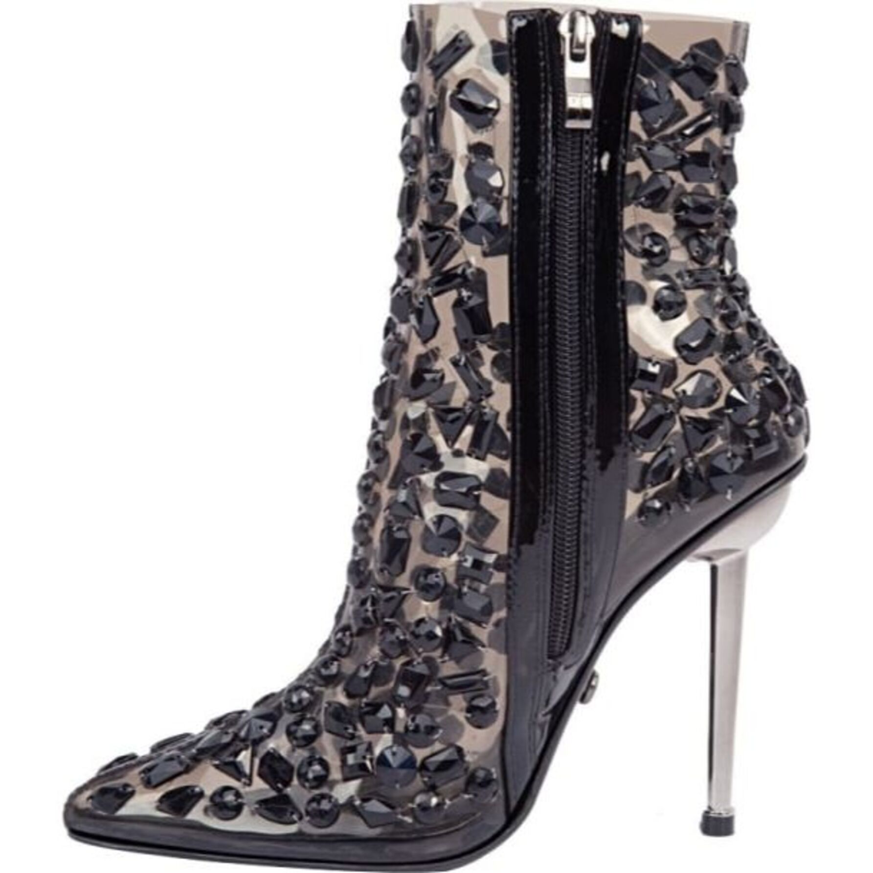 Botas para mujer, de mica ahumada con pedrería negra, tacón de aguja, puntal, marca Thalia Sodi, mod. 1141456