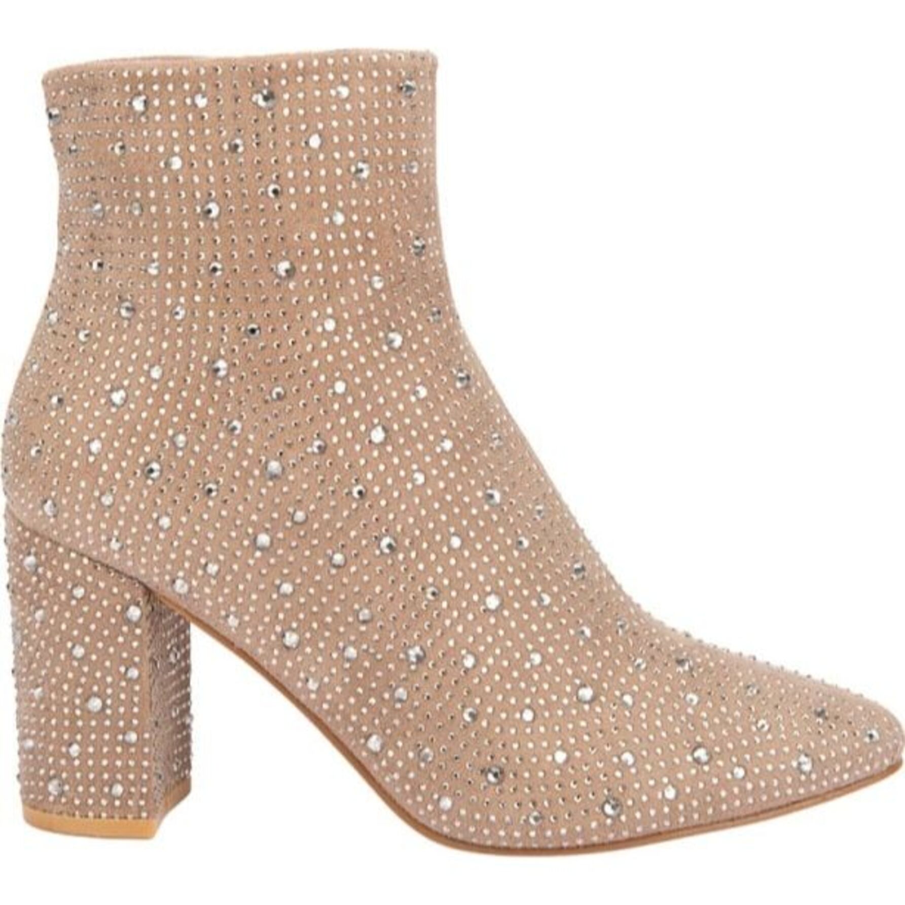 Botas para mujer, corta, con acabado ante y pedrería, punta redonda, marca Thalia Sodi, color taupé, mod. 1141469