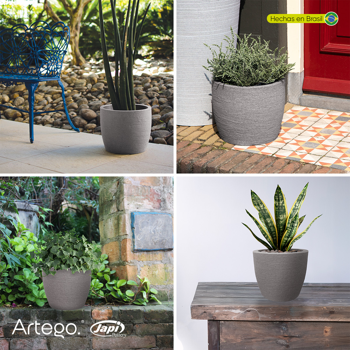 Maceta moderna para exteriores compacta de 20 cm de alto POLVO Gris stone de Polietileno ultra ligera Artego Japi Hecho en Brasil