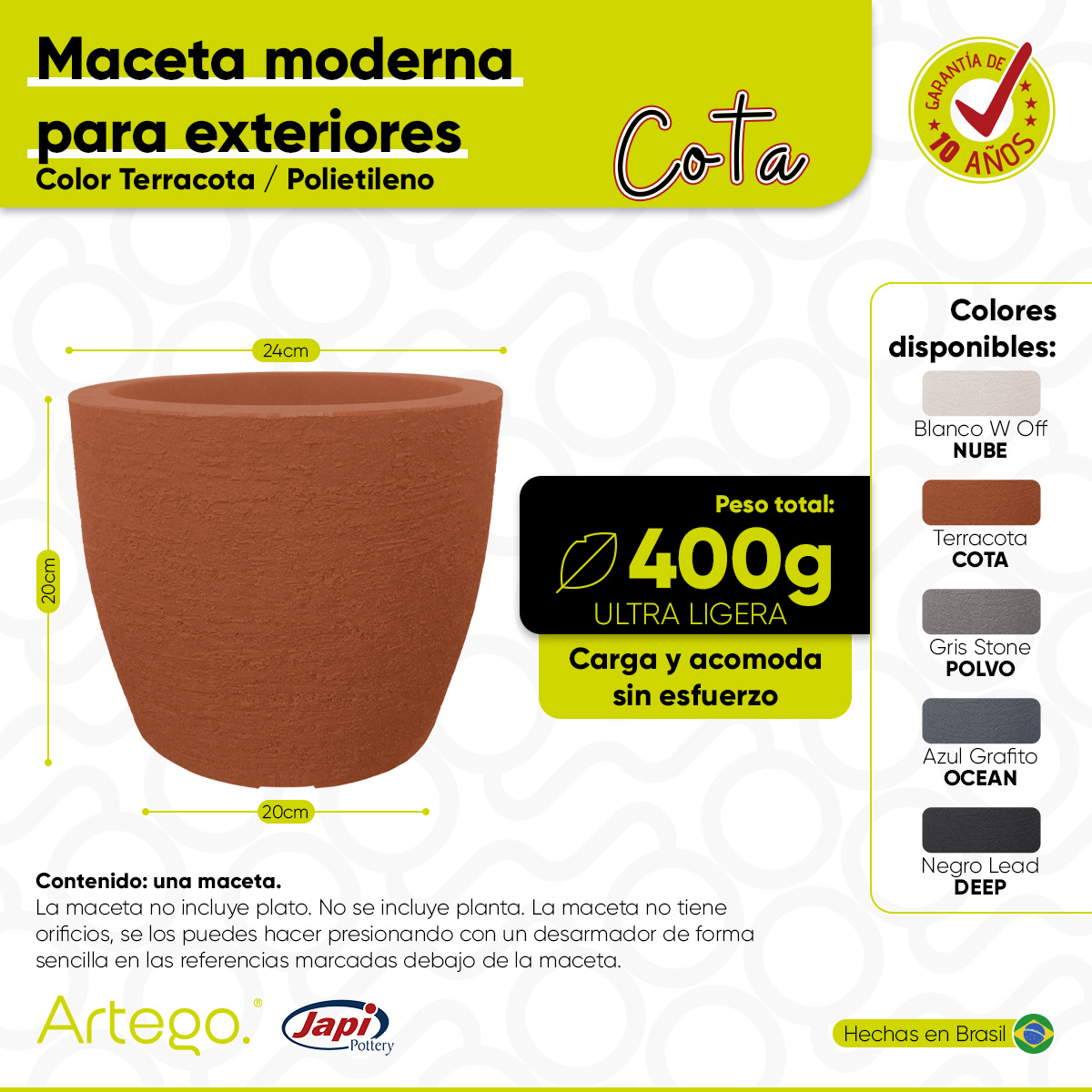 Maceta moderna para exteriores compacta de 20 cm de alto COTA terracota de Polietileno ultra ligera Artego Japi Hecho en Brasil
