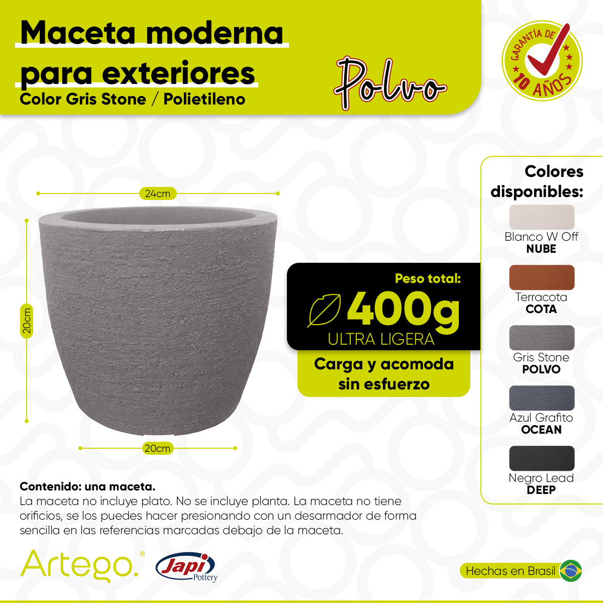 Maceta moderna para exteriores compacta de 20 cm de alto POLVO Gris stone de Polietileno ultra ligera Artego Japi Hecho en Brasil
