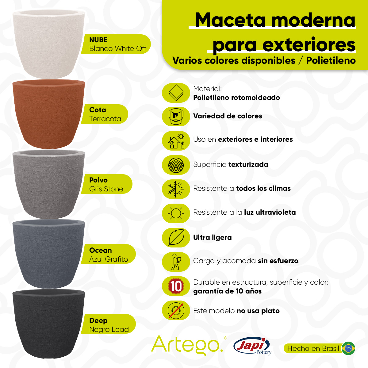 Maceta moderna para exteriores compacta de 20 cm de alto COTA terracota de Polietileno ultra ligera Artego Japi Hecho en Brasil