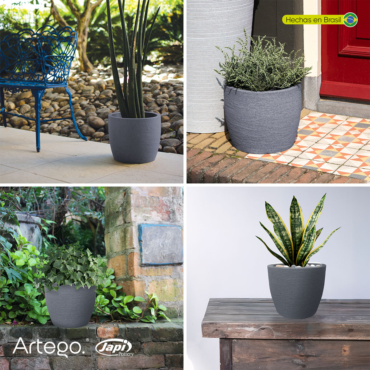 Maceta moderna para exteriores compacta de 20 cm de alto OCEAN Azul grafito de Polietileno ultra ligera Artego Japi Hecho en Brasil