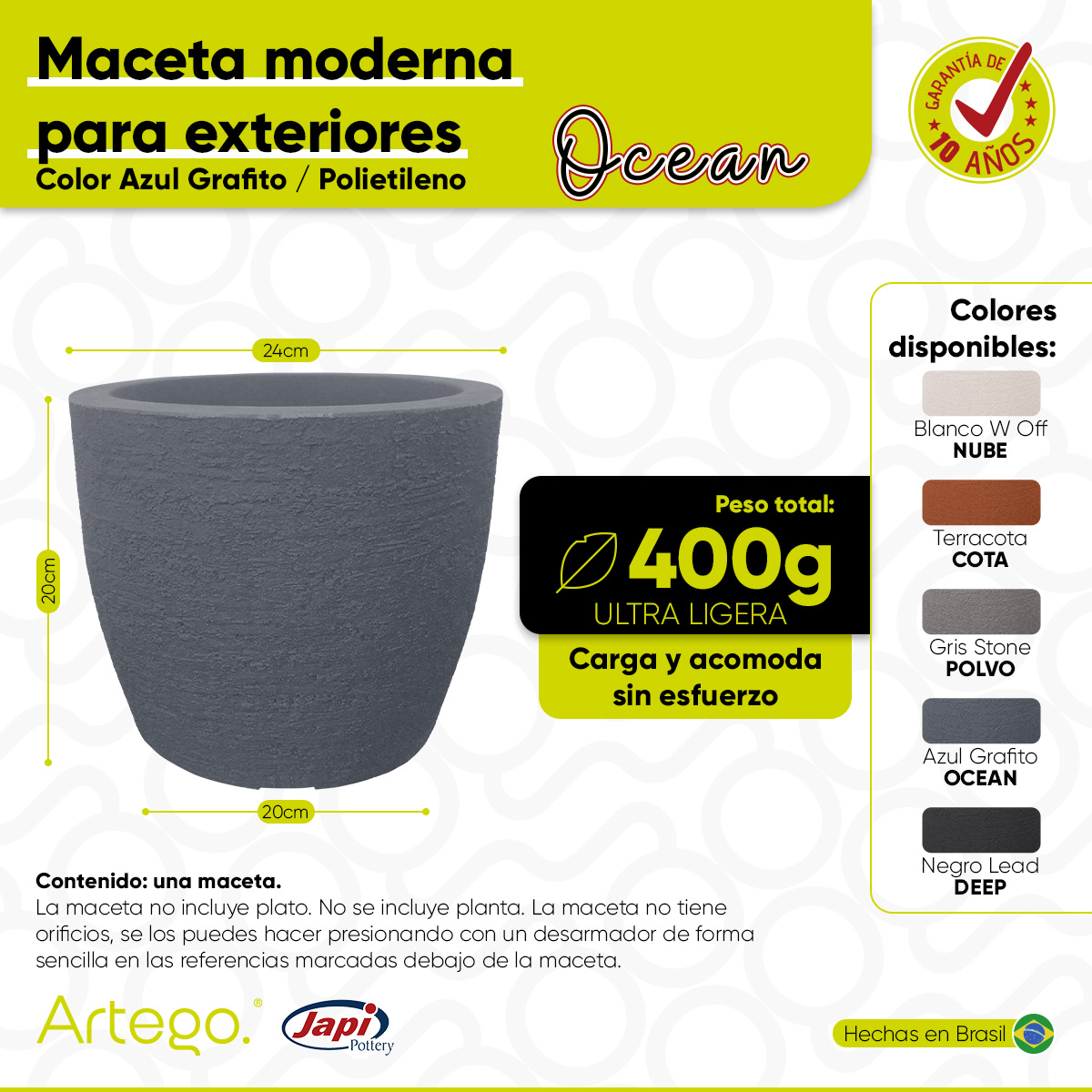 Maceta moderna para exteriores compacta de 20 cm de alto OCEAN Azul grafito de Polietileno ultra ligera Artego Japi Hecho en Brasil