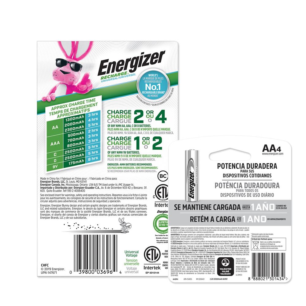 Cargador Universal Pilas Energizer + 4 Pilas Recargables Aa 1.2v
