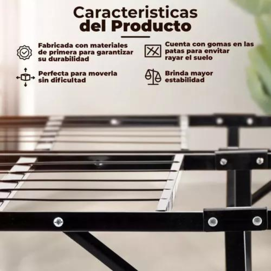 Base Plegable Matrimonial Acero Negro 134 cm x 188 cm x 36 cm Resistente Práctica