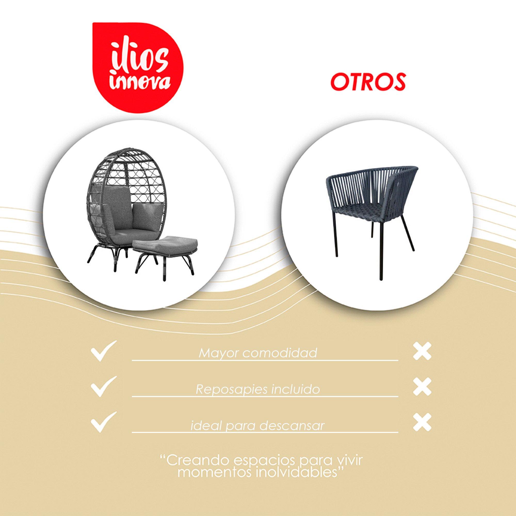  Ilios Innova | Silla Exterior De Mimbre Forma De Huevo Individual Con Reposa pies y cojines