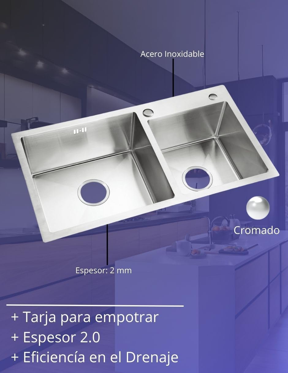 Tarja doble en Acero Inoxidable, Incluye Mezcladora Monomando y Kit de Instalación, Tarjas de dos tinas, tarja con kit de instalacion, Fregadero de cocina (82 cm x 45 cm x 22 cm)