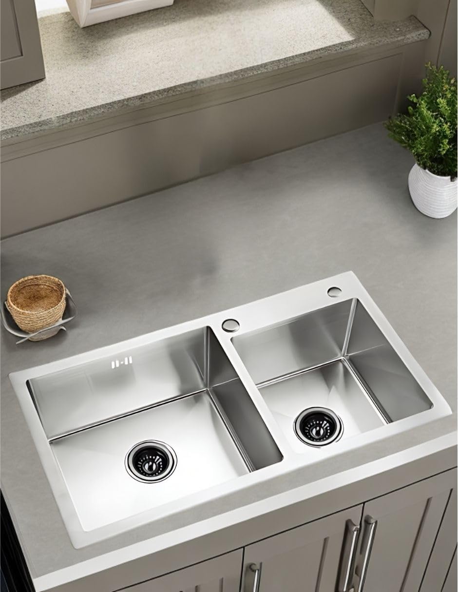 Tarja doble en Acero Inoxidable, Incluye Mezcladora Monomando y Kit de Instalación, Tarjas de dos tinas, tarja con kit de instalacion, Fregadero de cocina (82 cm x 45 cm x 22 cm)
