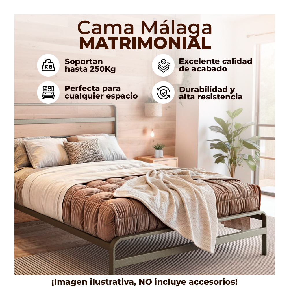 Cama Málaga Matrimonial Acero Negro 136 cm x 190 cm x 110 cm Resistente Moderna