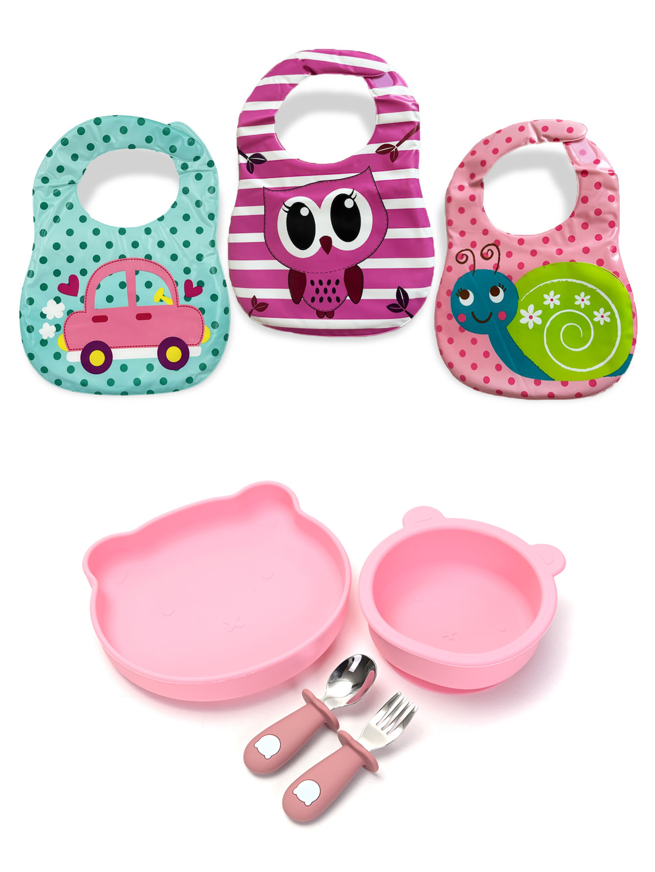 2 Platos para Bebé en Silicona con Cubiertos en Acero Inoxidable color rosa y 3 Baberos