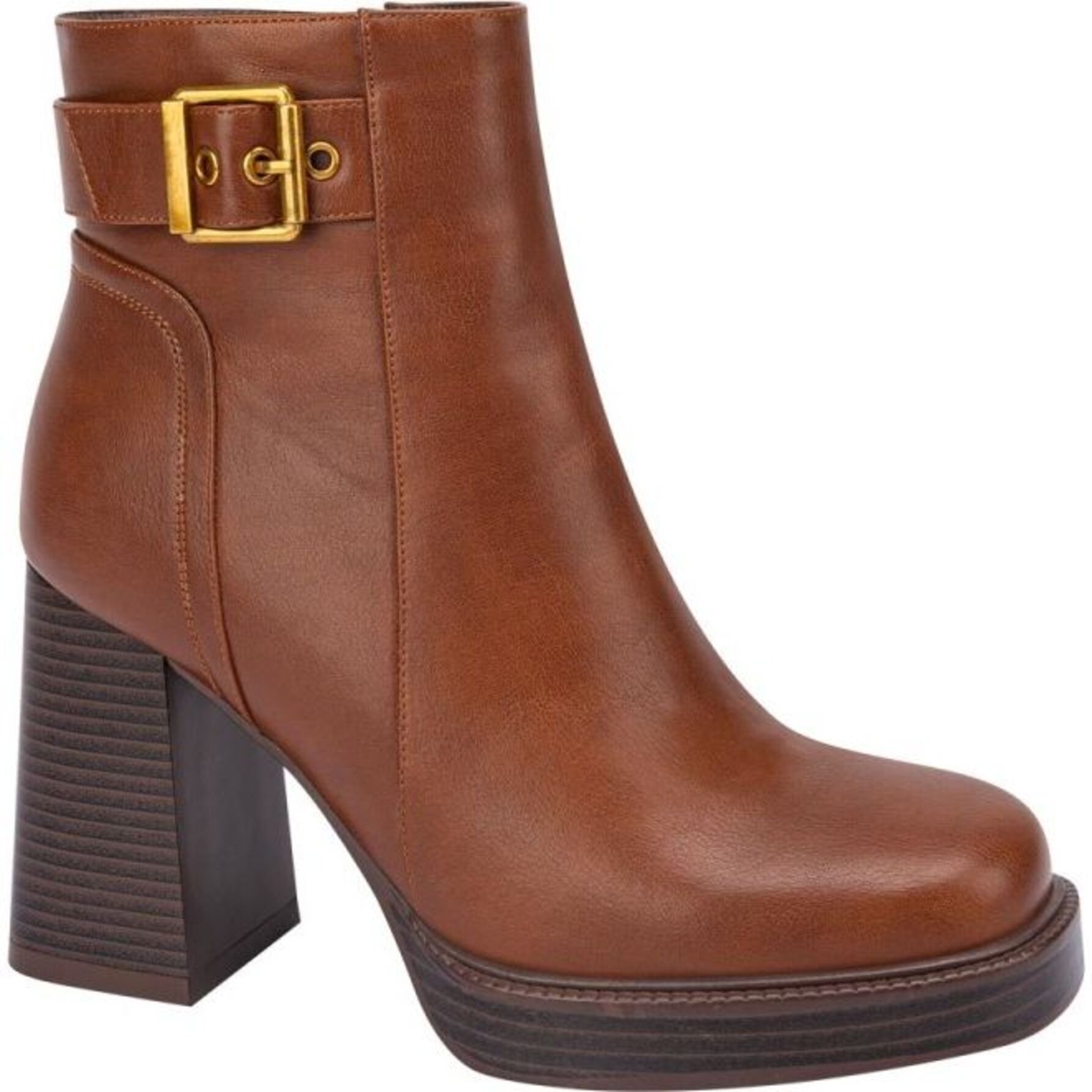 Botas para mujer, de vestir, con tacón ancho y hebilla, acabado napa, punta cuadrada, color cognac, marca Schatz, mod. 1141860