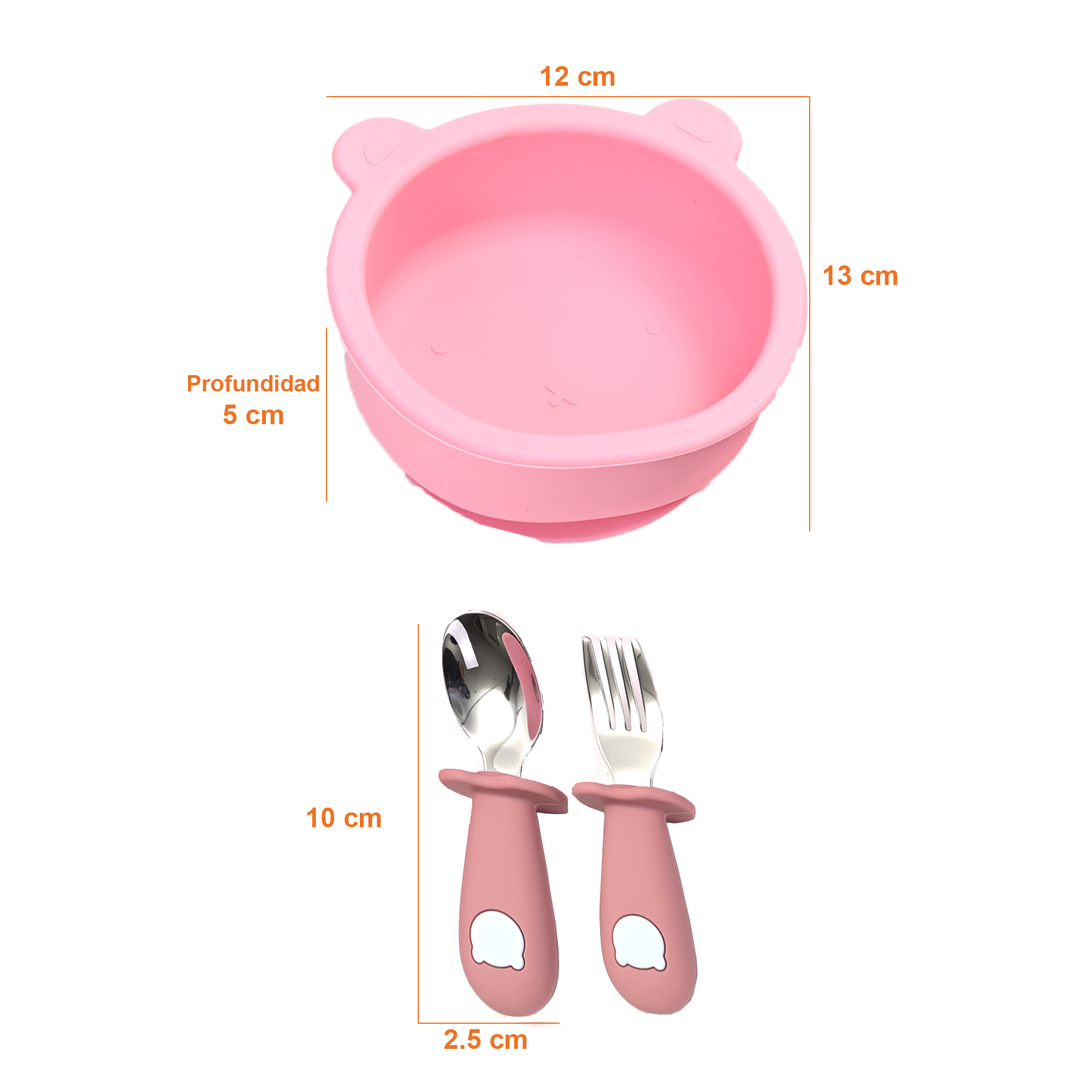 2 Platos para Bebé en Silicona con Cubiertos en Acero Inoxidable color rosa y 3 Baberos