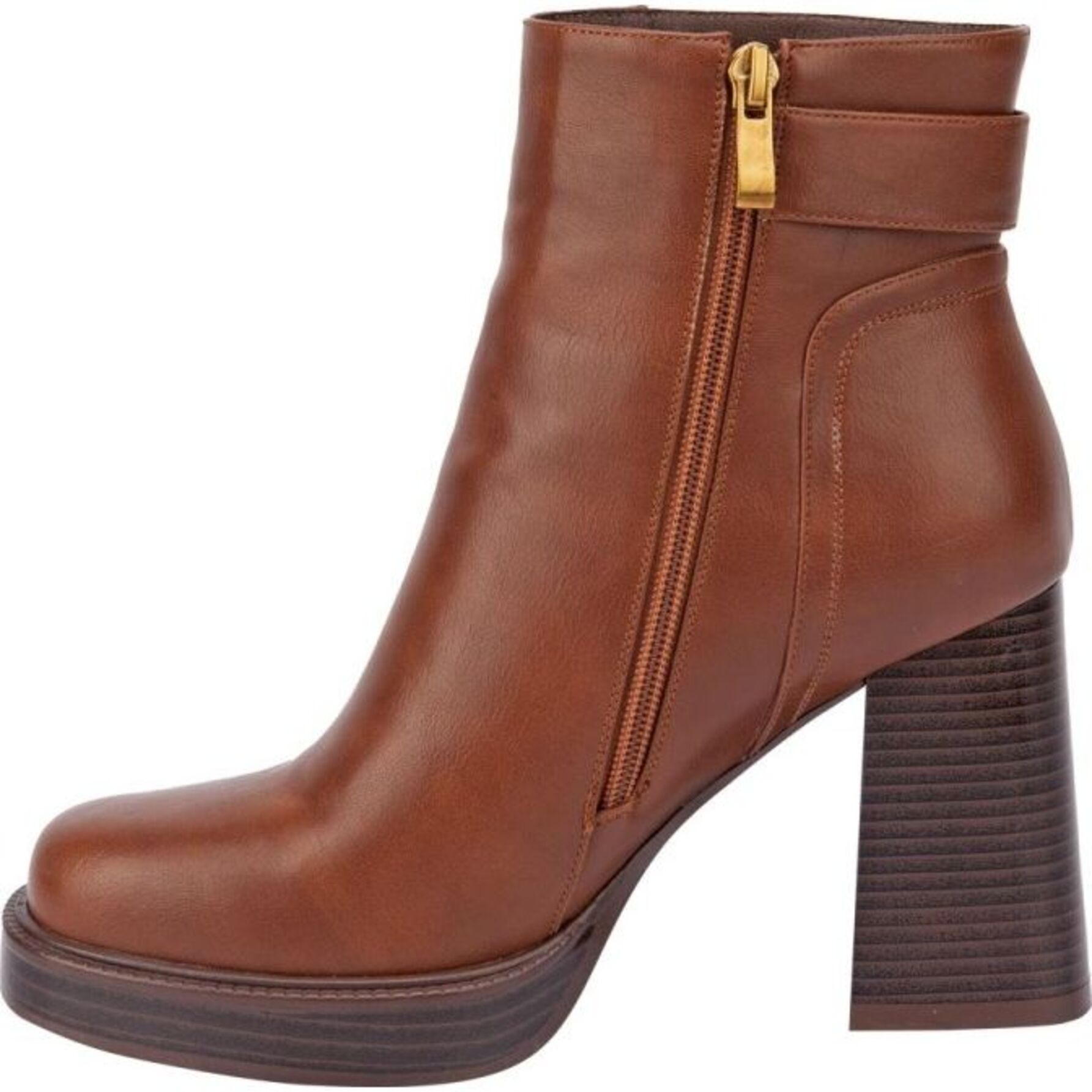 Botas para mujer, de vestir, con tacón ancho y hebilla, acabado napa, punta cuadrada, color cognac, marca Schatz, mod. 1141860