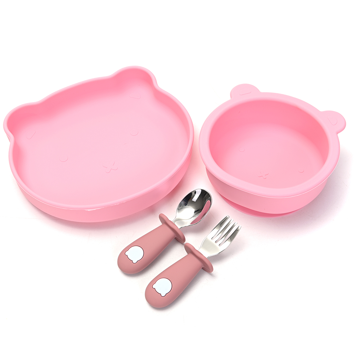 2 Platos para Bebé en Silicona con Cubiertos en Acero Inoxidable color rosa y 3 Baberos