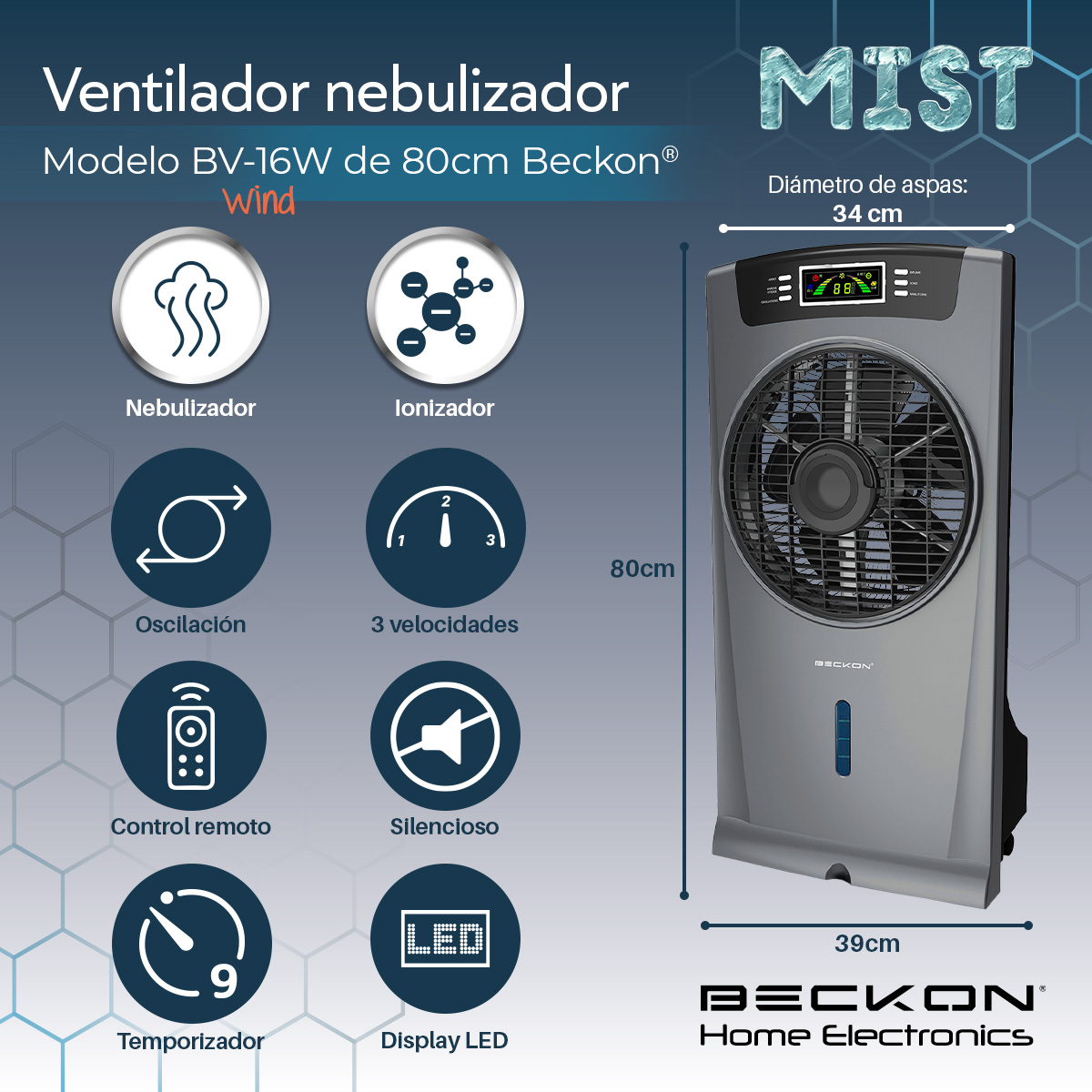 Ventilador Humidificador BV-16Wwind color gris Rociador Nebulizador 80cm Ionizador Purificador Aire Beckon Silencioso