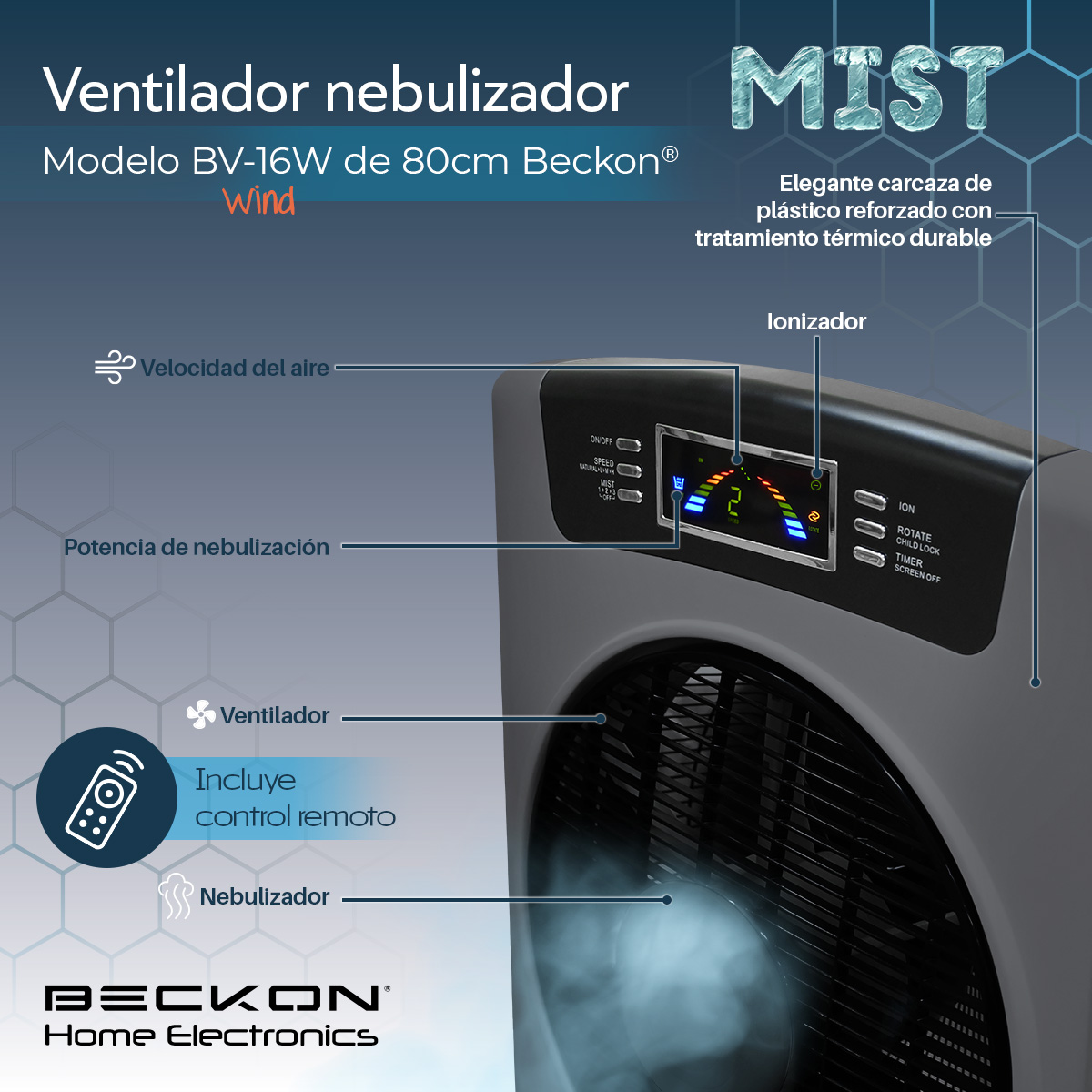Ventilador Humidificador BV-16Wwind color gris Rociador Nebulizador 80cm Ionizador Purificador Aire Beckon Silencioso