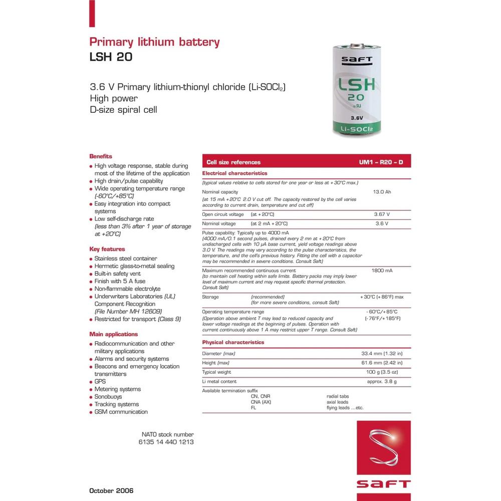 SAFT INDUSTRIAL D LSH20 3.6V 13AH