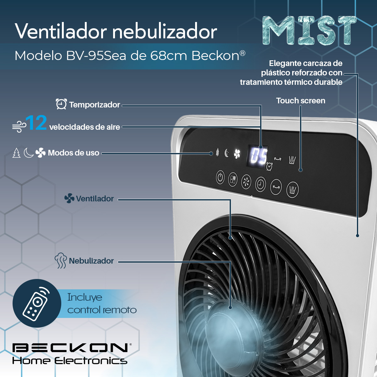 Ventilador Humidificador Rociador Nebulizador Brisa 68cm de alto Beckon BV-95Sea Silencioso Misting Fan Humidifier