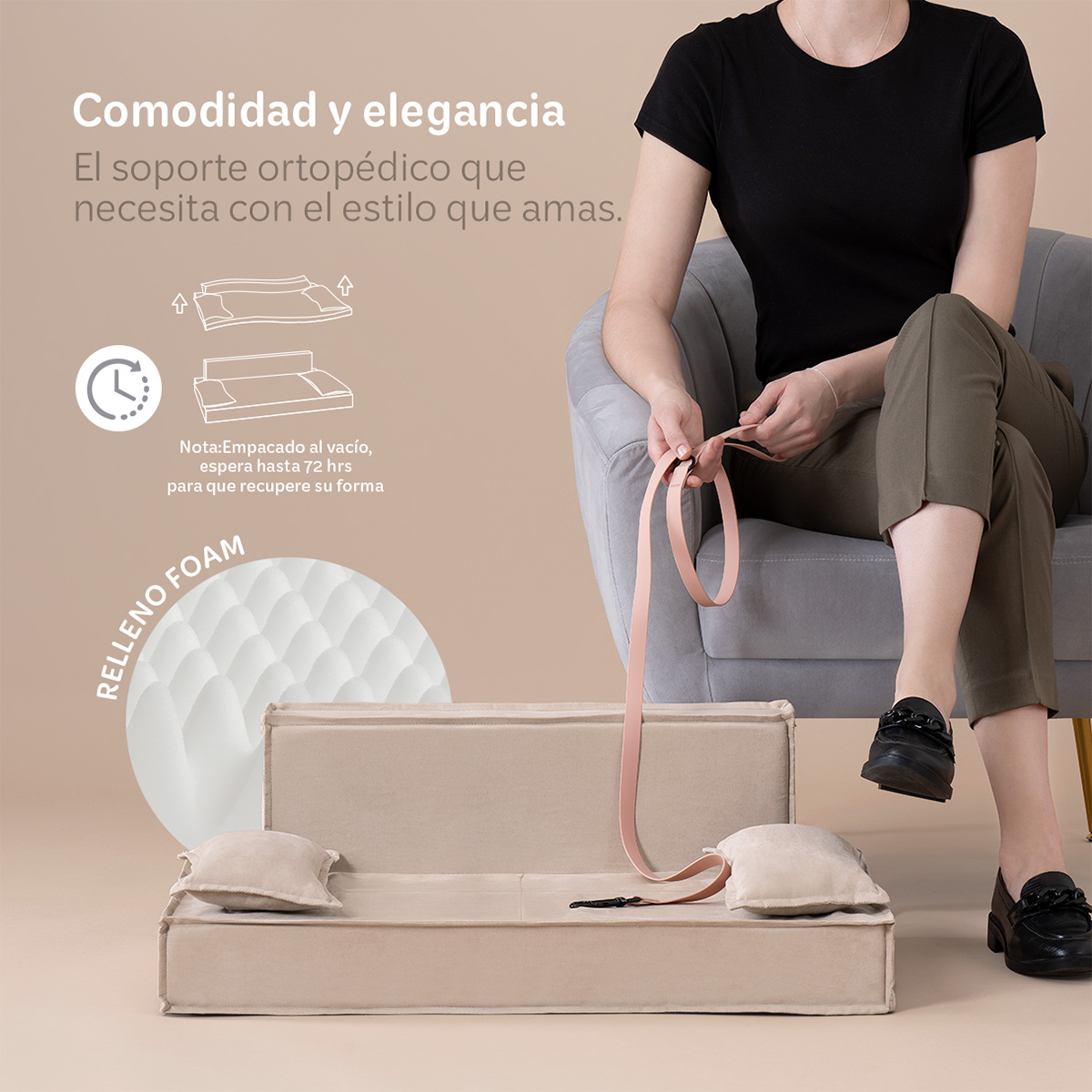 Sofá Cama Ortopédica para Perros y Mascotas Mediano con Funda Lavable Champagne ESQUIMAL