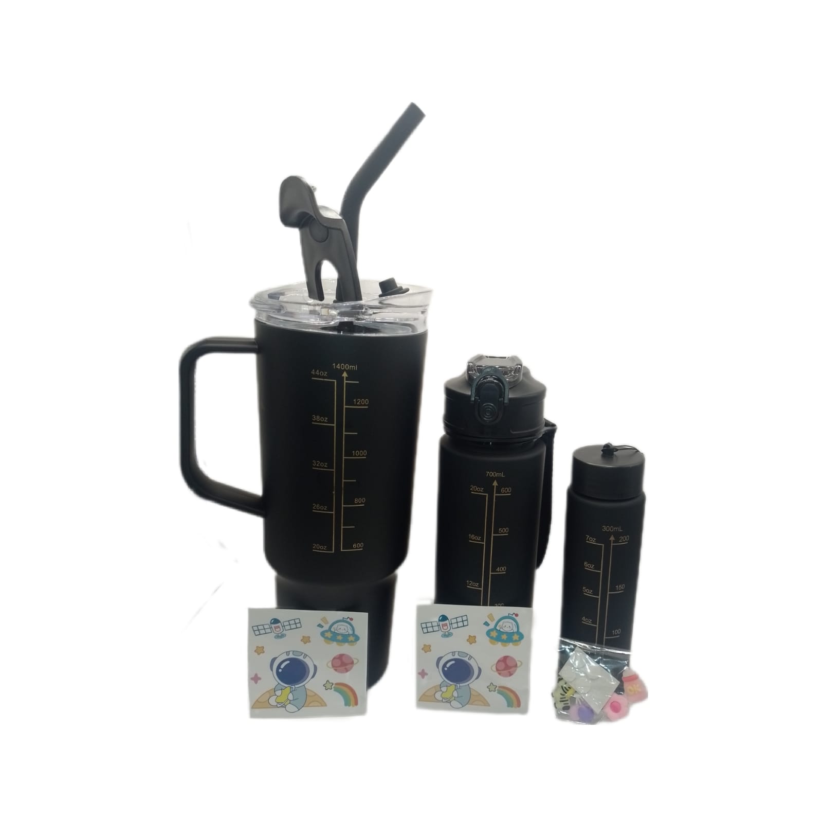 Vaso Trio Hermético Fitness Botella Motivacional De Agua Deportiva Negro Mate 1400 ml