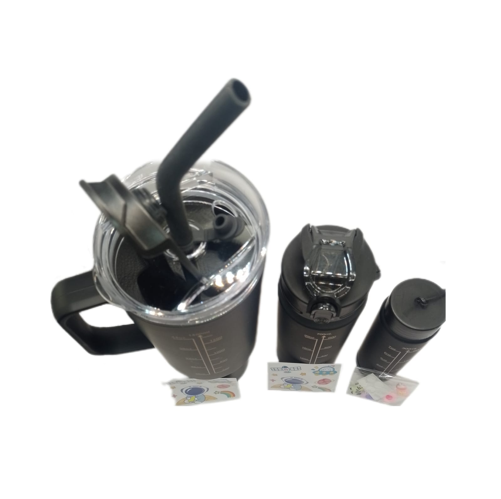 Vaso Trio Hermético Fitness Botella Motivacional De Agua Deportiva Negro Mate 1400 ml