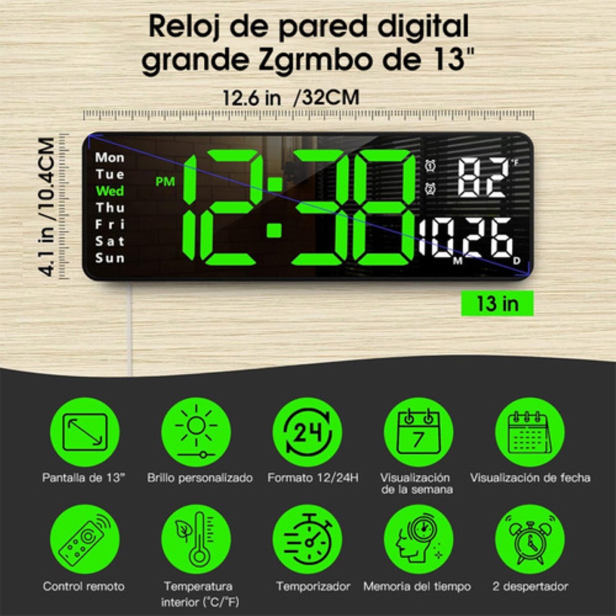 Reloj De Pared Digital Led Decorativo Con Termómetro Alarmas negro