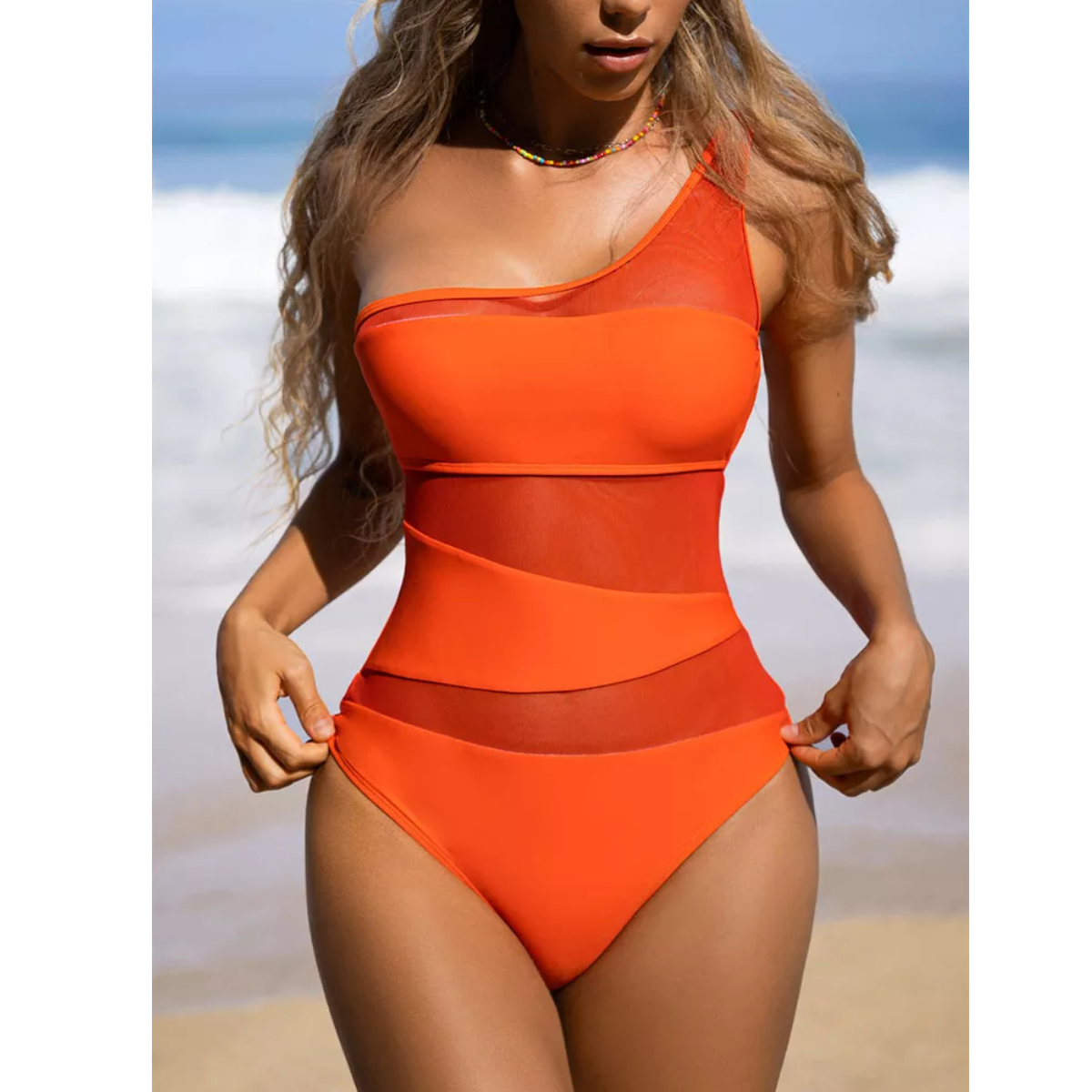 Traje De Baño Color Sólido Un Hombro Naranja Talla: G
