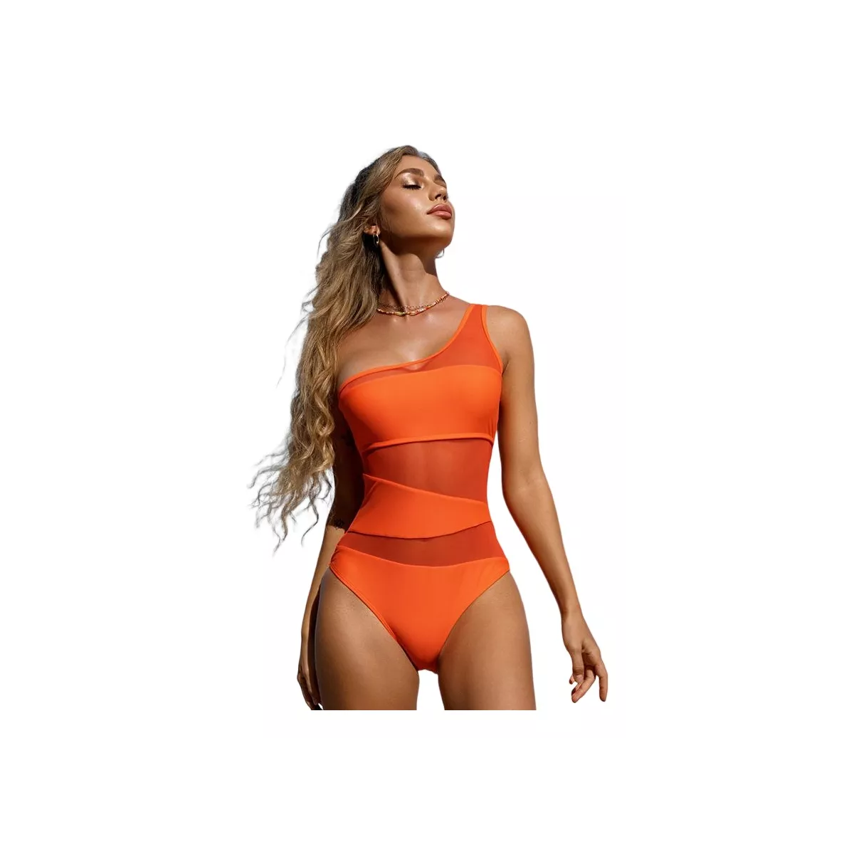Traje De Baño Color Sólido Un Hombro Naranja Talla: G