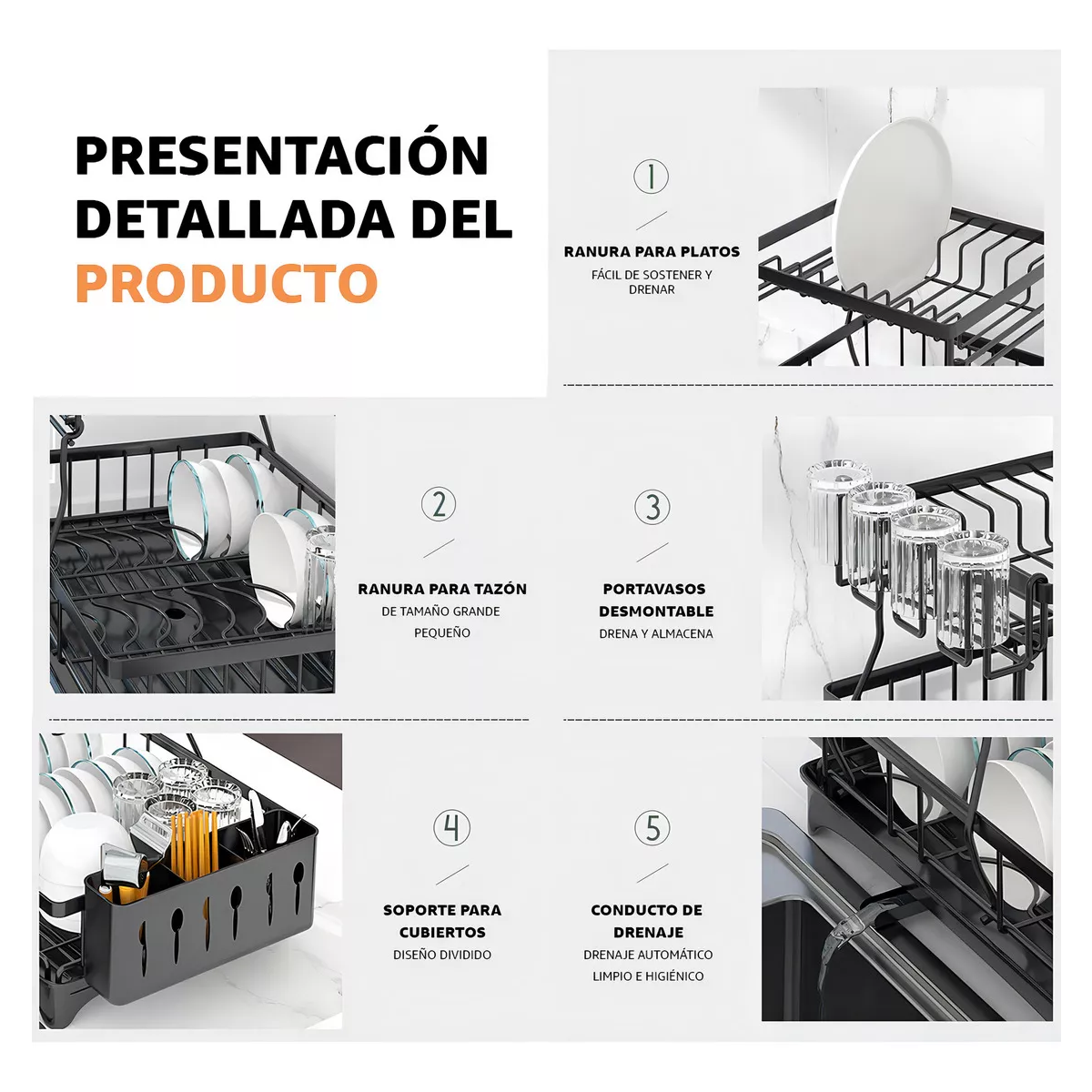 Escurridor De Platos Acero Inoxidable Ajustable Drenaje 360° Color Negro