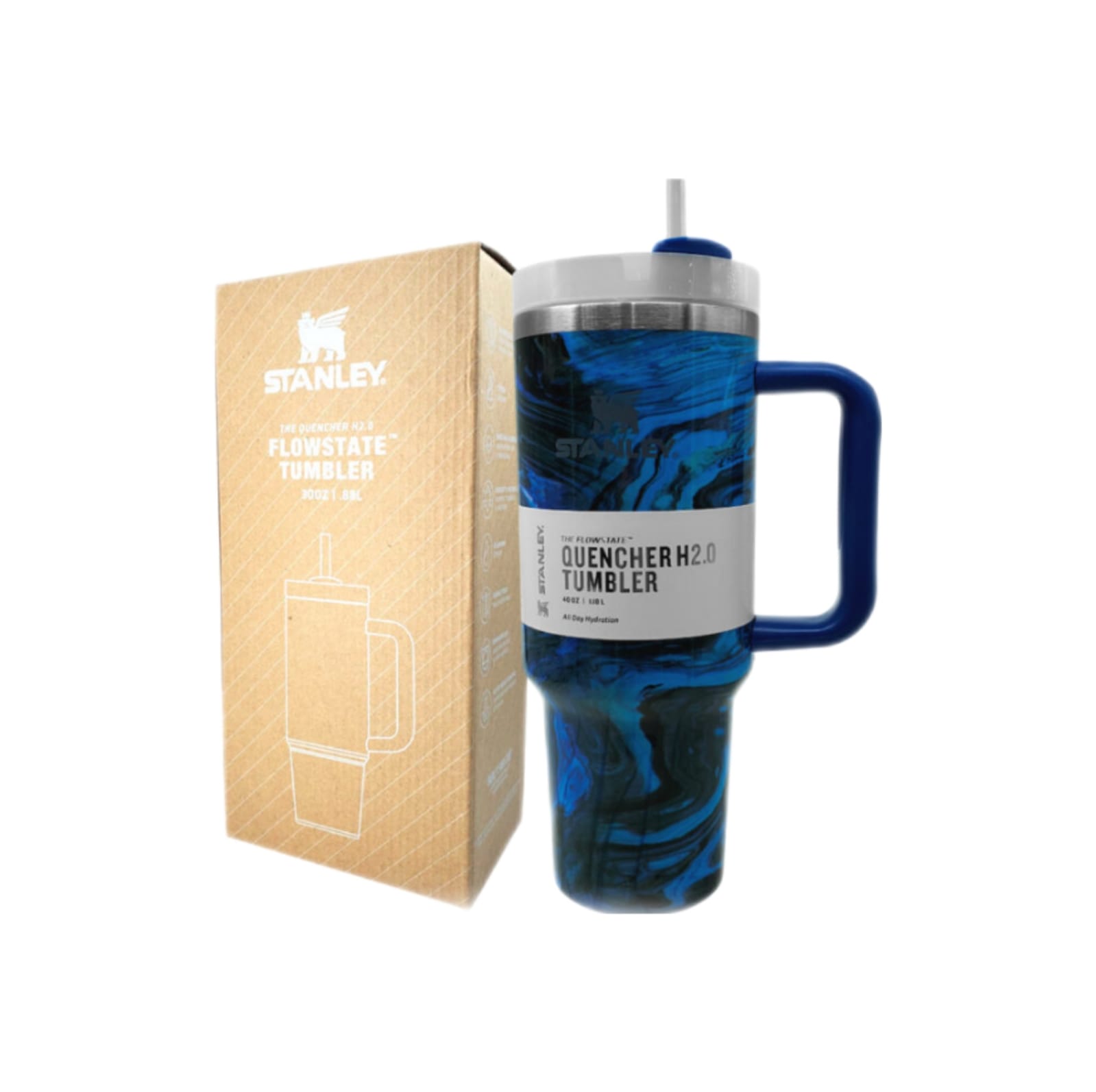 Vaso Termo Acero Color Azul Rey Espejo Marmoleado 1.19L Stanley Flowstate Quencher Tumbler 40oz
