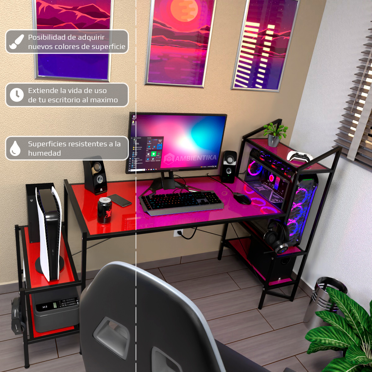 Desk-Top Modelo J Escritorio gamer marca Ambientika (Red).