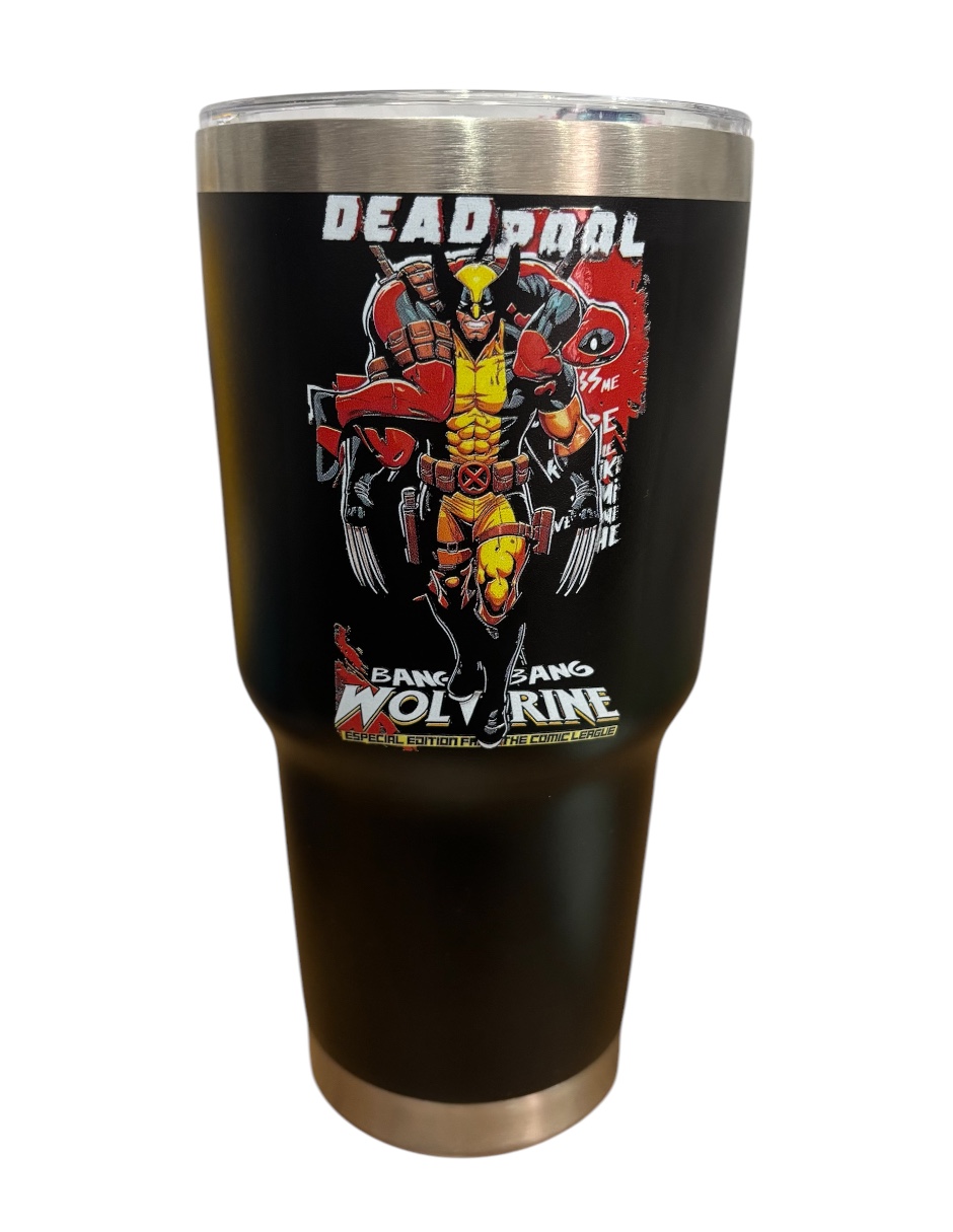 Termo de acero inoxidable Macarena Brand color negro, Deadpool & Wolwerine de 30 Oz