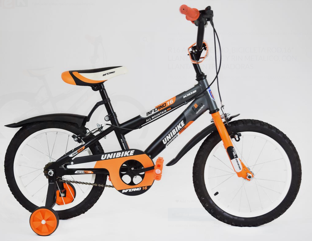 Bicicleta Para niños Infantil Inferno Unibike R16 Babytek Llanta Aire Naranja-Negro 