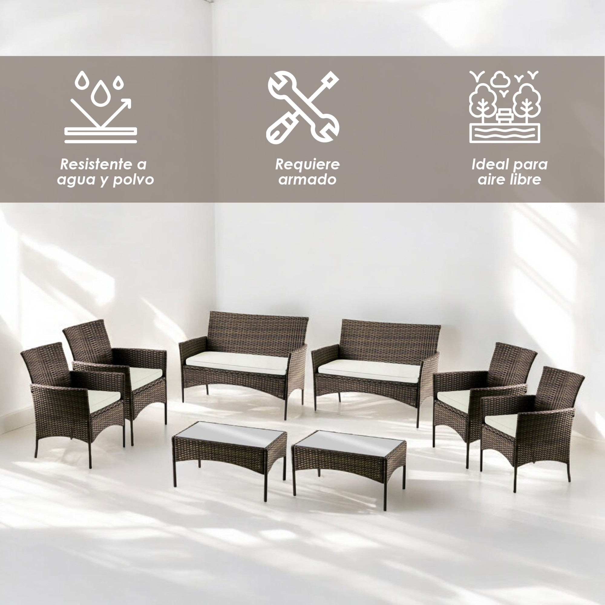 Ilios Innova | Juego de Muebles de Jardín de Mimbre para 8 Personas, Diseño Ergonómico con Almacenaje, Espacio Amplio, Fácil Montaje y Estable, Ideal para Patio y Jardín
