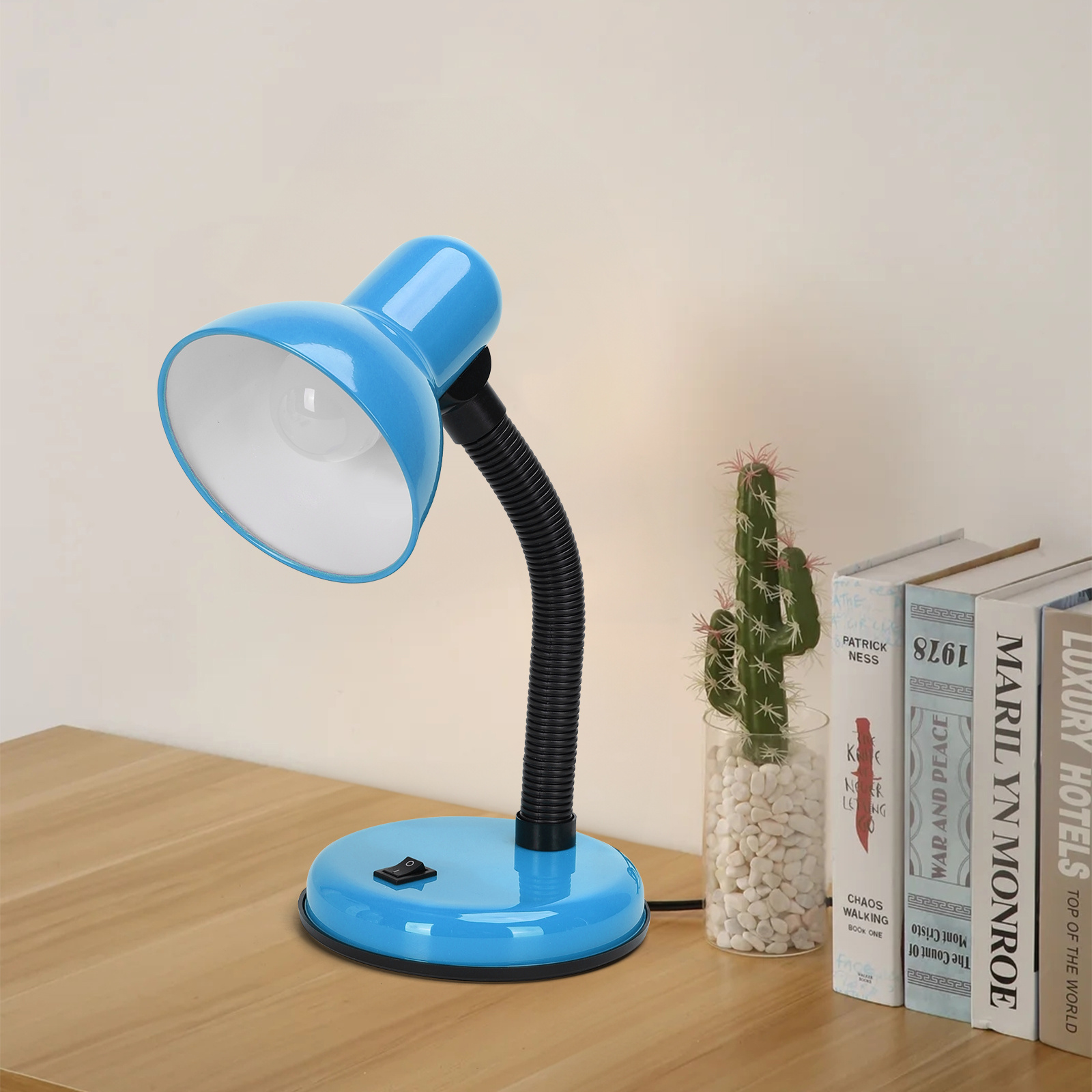lámpara de mesa para lectura ajustable 360° azul, compatible con bombillas de casquillo E27, ideal para oficina o lectura,Aigostar