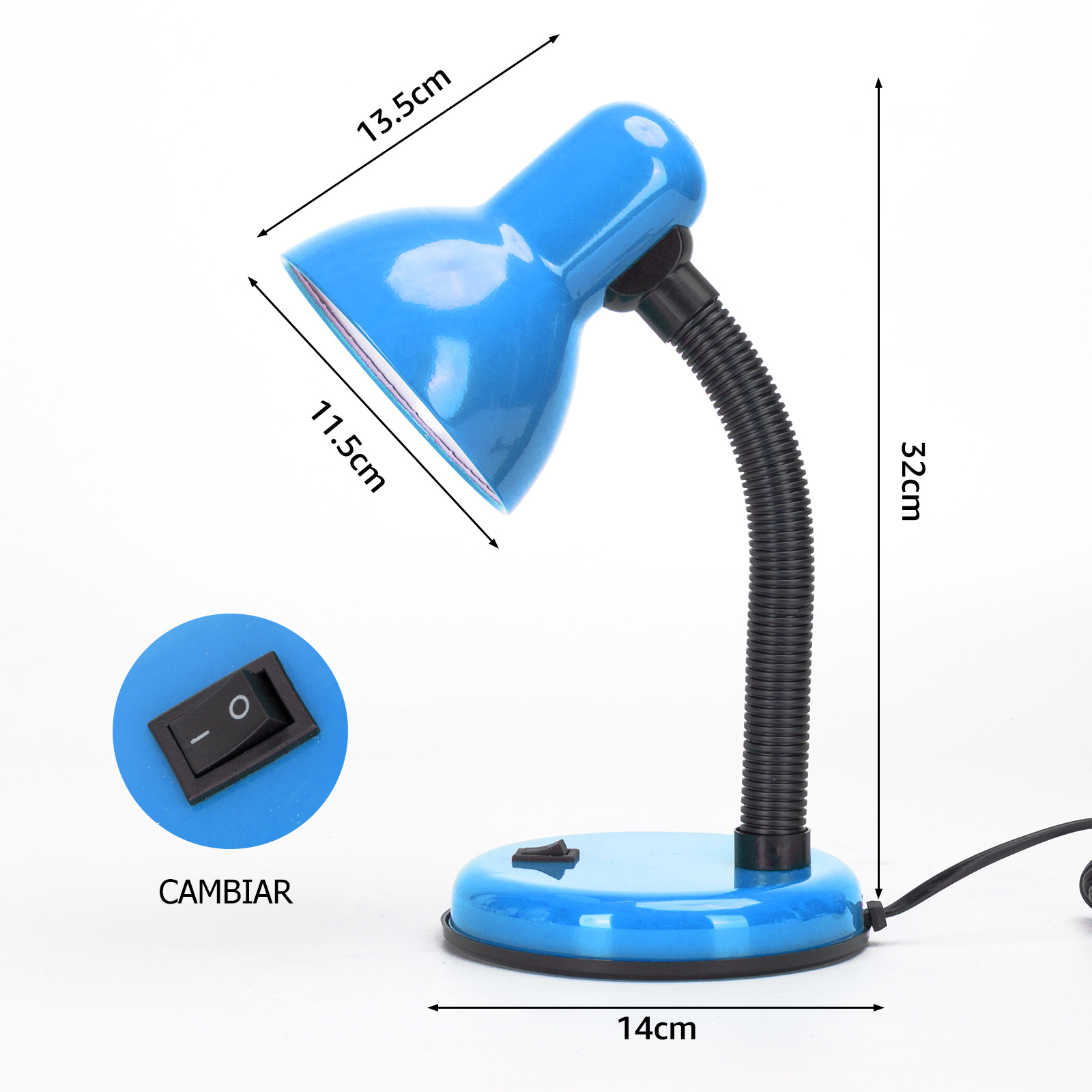 lámpara de mesa para lectura ajustable 360° azul, compatible con bombillas de casquillo E27, ideal para oficina o lectura,Aigostar