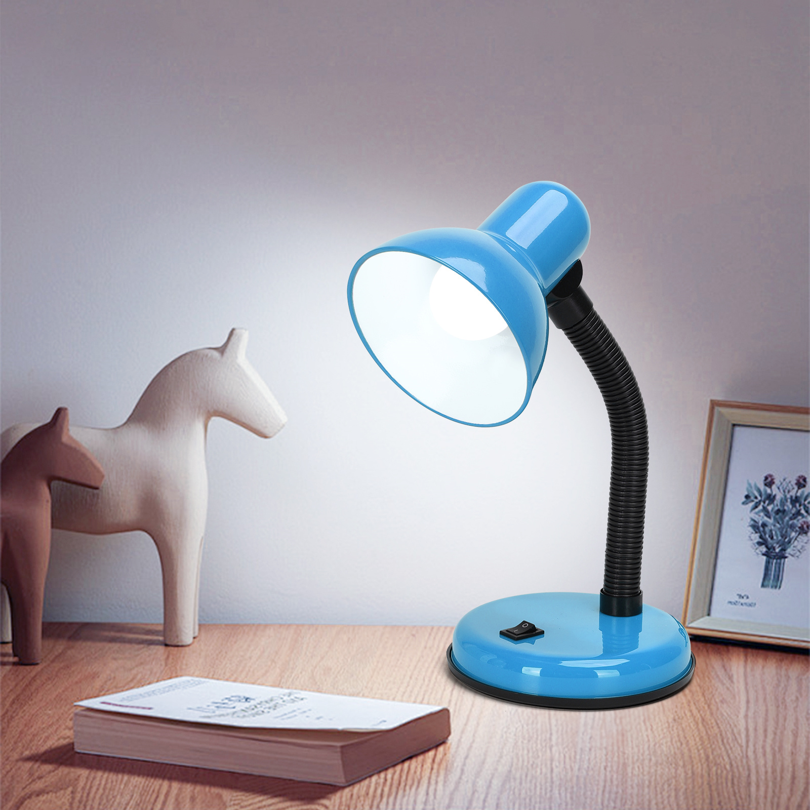 lámpara de mesa para lectura ajustable 360° azul, compatible con bombillas de casquillo E27, ideal para oficina o lectura,Aigostar