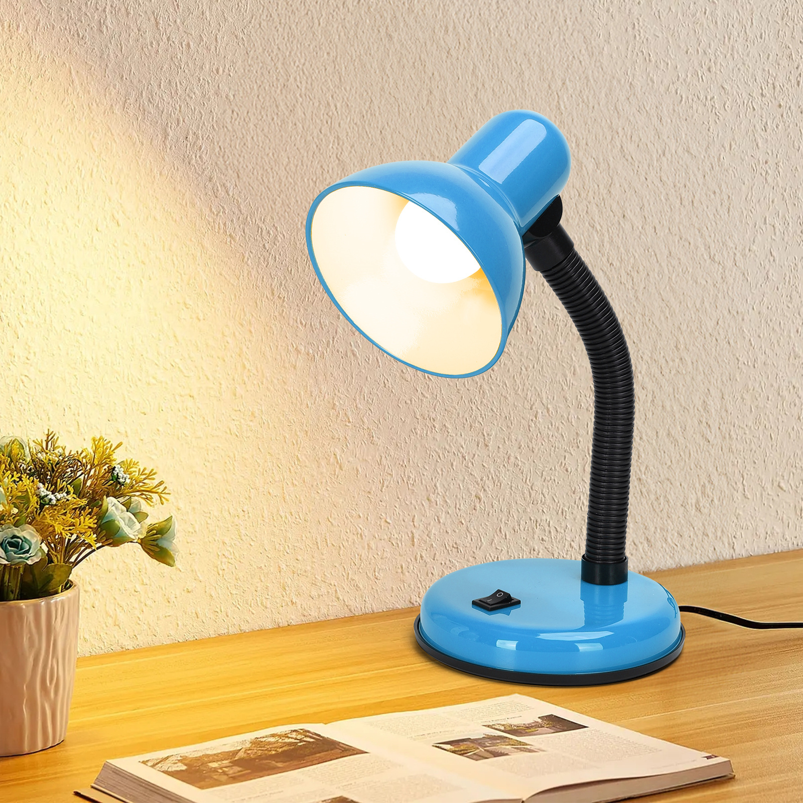 lámpara de mesa para lectura ajustable 360° azul, compatible con bombillas de casquillo E27, ideal para oficina o lectura,Aigostar