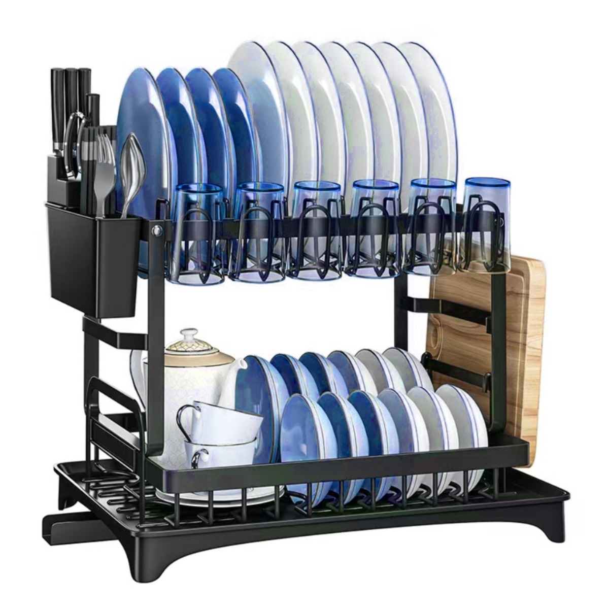 Escurridor de platos, 2 niveles de acero inoxidable, Escurridor de trastes elegante para cocina, con soporte para tabla de cortar.